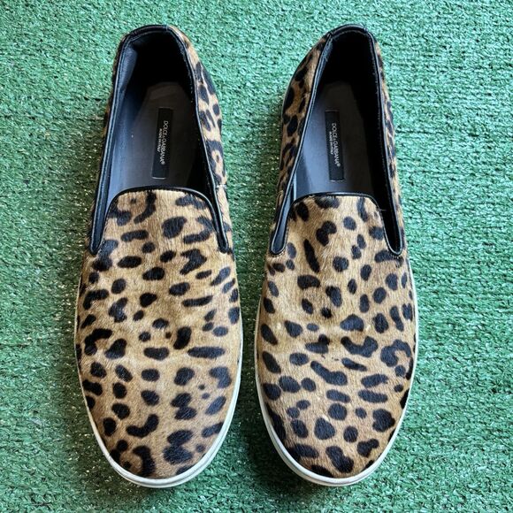 Dolce & Gabbana Brown Calfskin Fur Leopard Men Sneakers 9.5 Shoes Authentic
